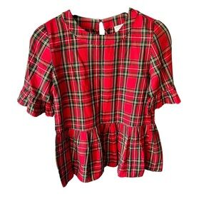 LaRoque Orginal Tartan Print Peplum Ruffle Short Sleeve Top Size XS Preppy